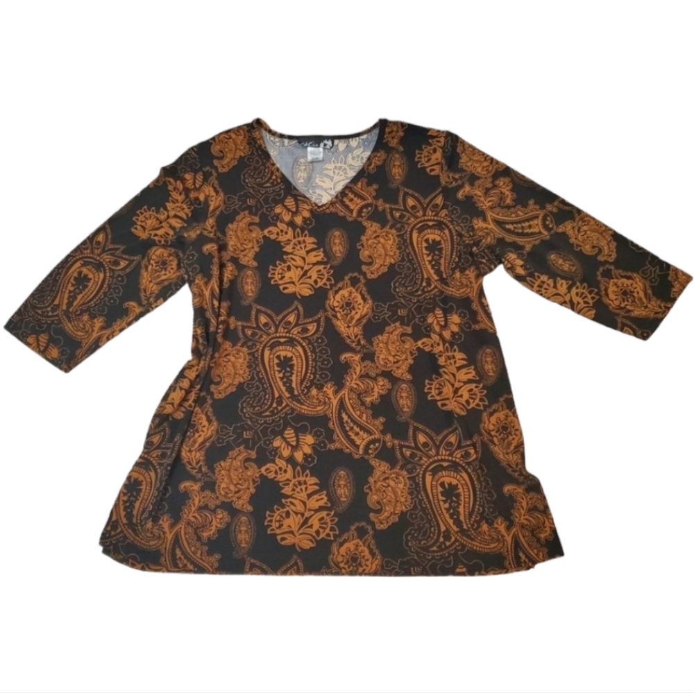 CSC studio women top XL black brown paisley print polyester made in USA V neck